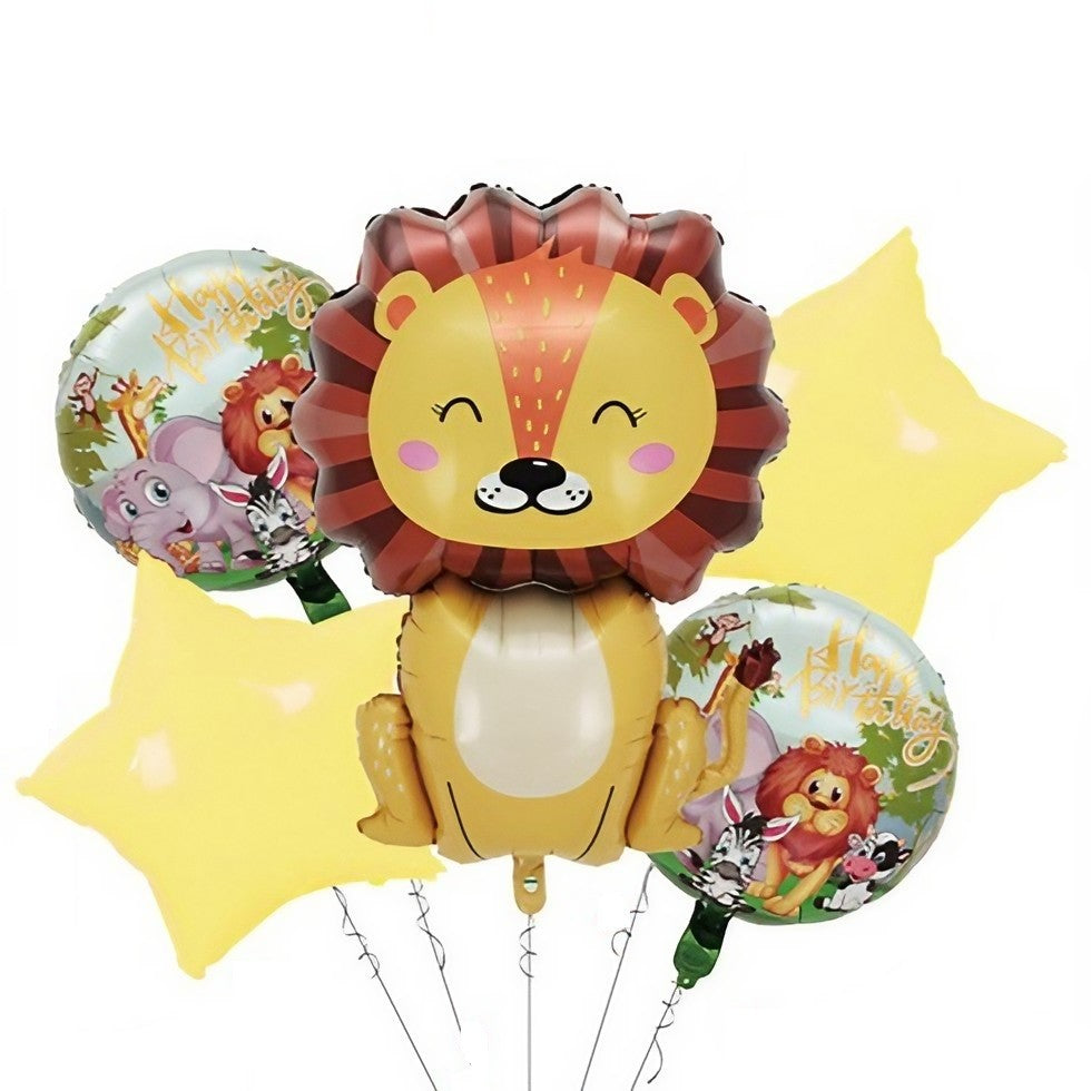 Set 5 Baloane din Folie Metalizata, ANGELBEAR, Figurine, Tema Aniversare Jungla, Pai Inclus, Ambalaj Individual, Umflare cu Aer sau Heliu, Figurina Leu 69.5x101 cm, Stelute si Cerculete 45 cm, Multicolor